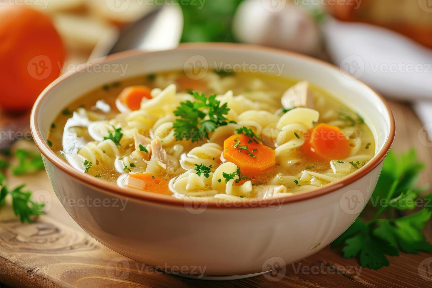 AI generated Homemade chicken noodle soup with vegetables and spices in a bowl. Healthy food concept photo