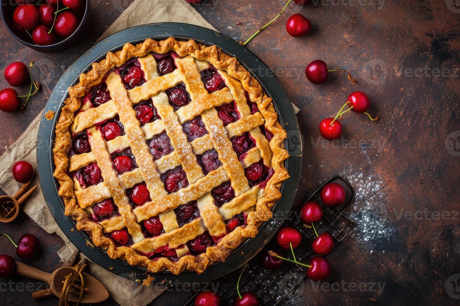 AI generated Homemade cherry pie on rustic background. photo