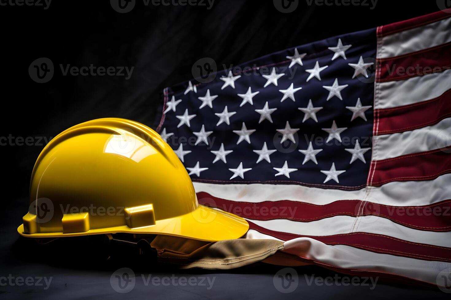AI generated Yellow hard hat aka safety helmet on United States of America national flag for labor day theme, neural network generated photorealistic image photo