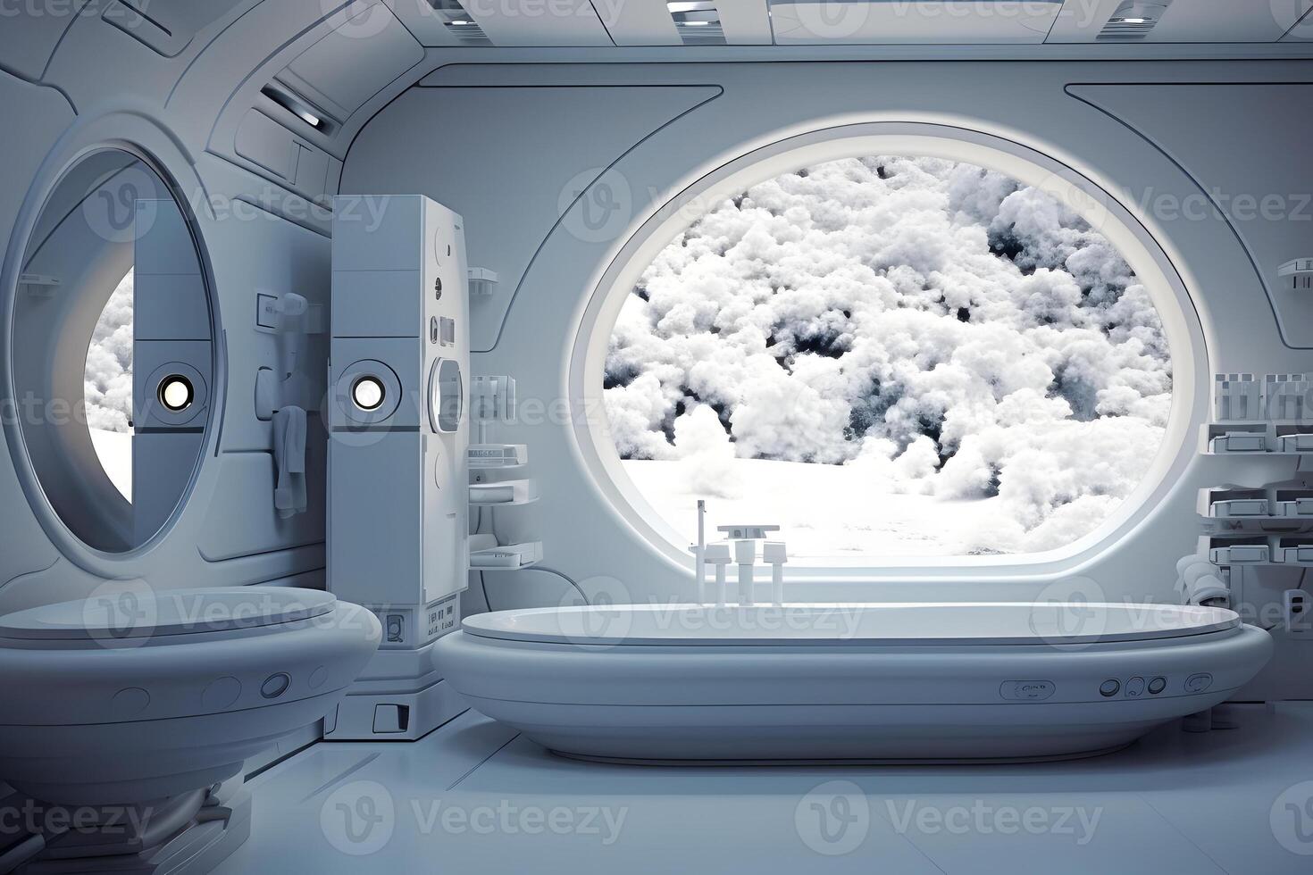 AI generated futuristic white moon base styled luxury bathroom interior, neural network generated image photo