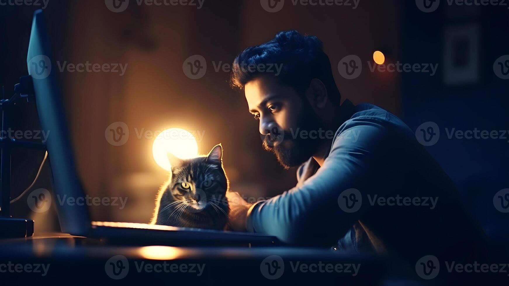 AI generated young indian man using computer at working table with his cat at night at home office, neural network generated image photo
