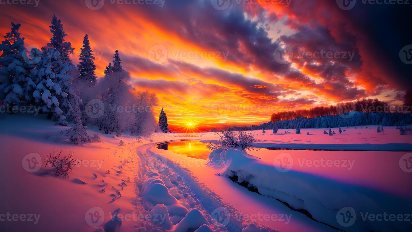 AI generated winter sunset landscape with vivid colors snow, trees and far mountains, neural network generated art photo