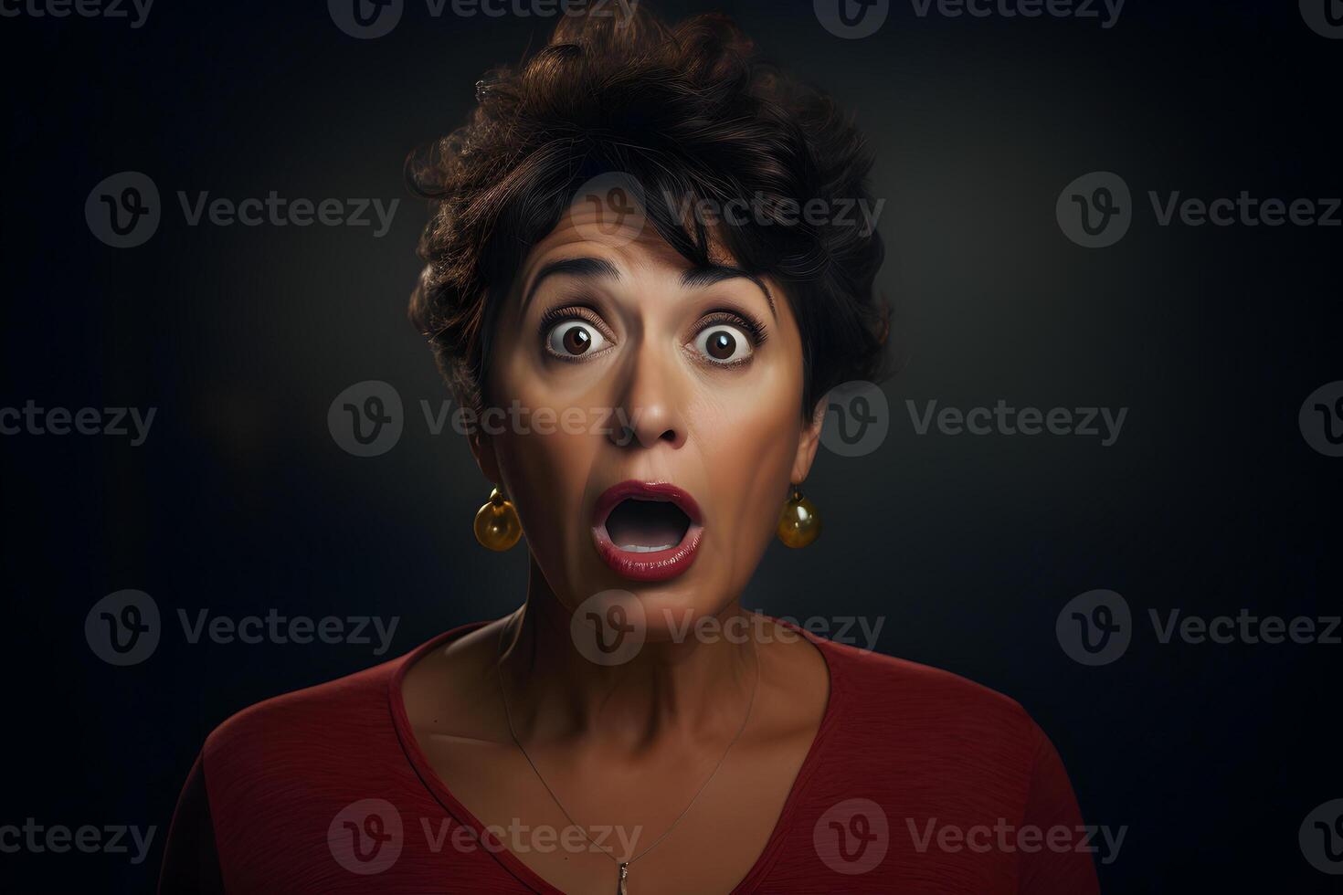 Surprised Latin American woman on black background. Neural network generated photorealistic image. photo