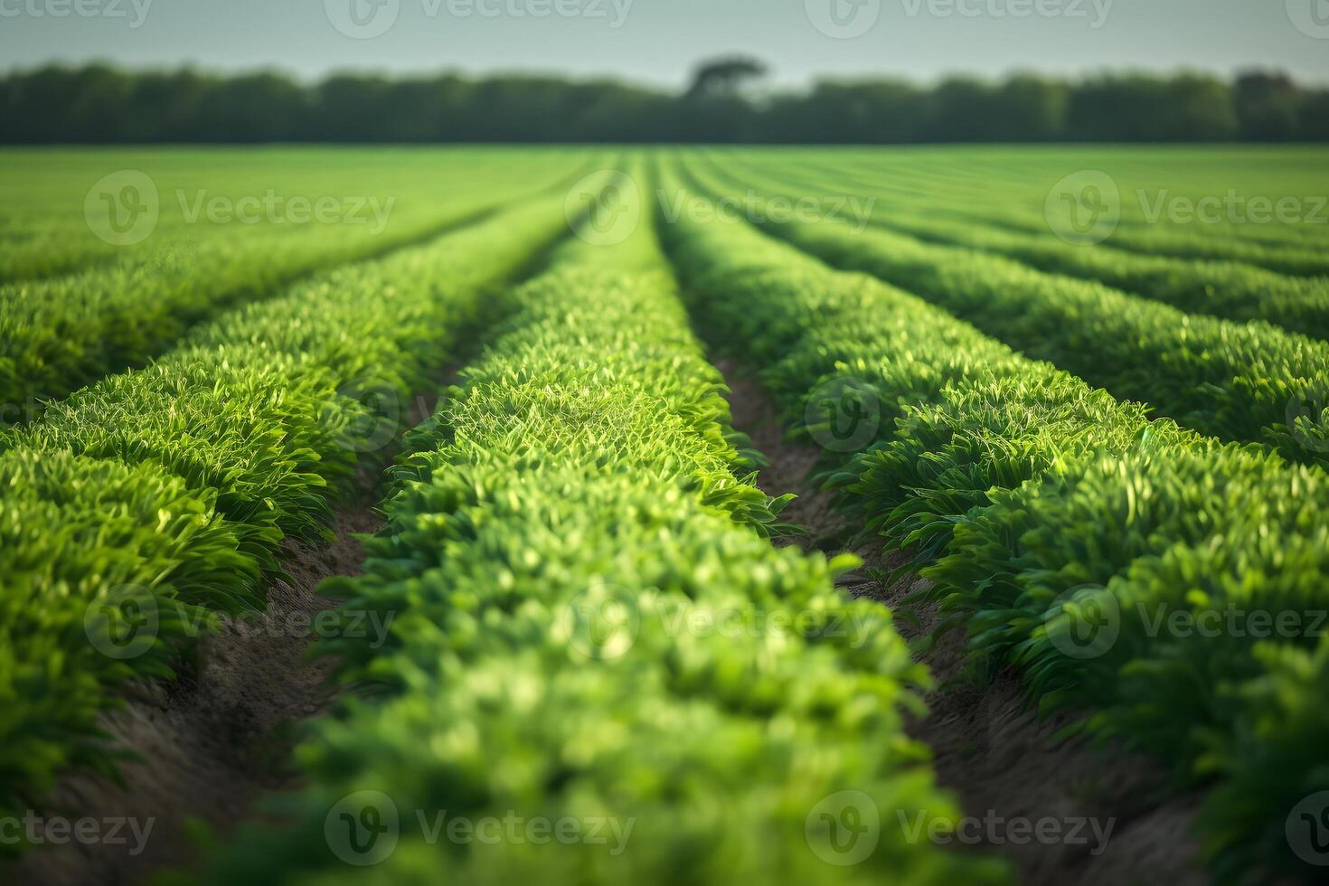 AI generated Rows of green crops with selective focus at summer day light, neural network generated image photo