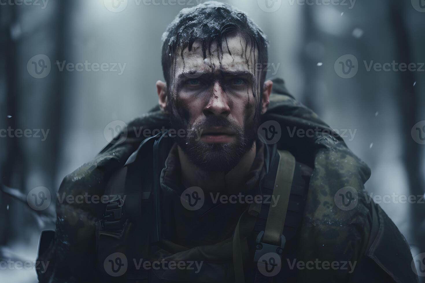AI generated dirty tired soldier in deep forest at winter day, neural network generated image photo