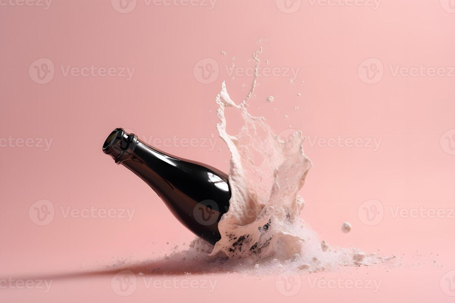 AI generated opened bottle of champagne with splashes on pink background, neural network generated photorealistic image photo