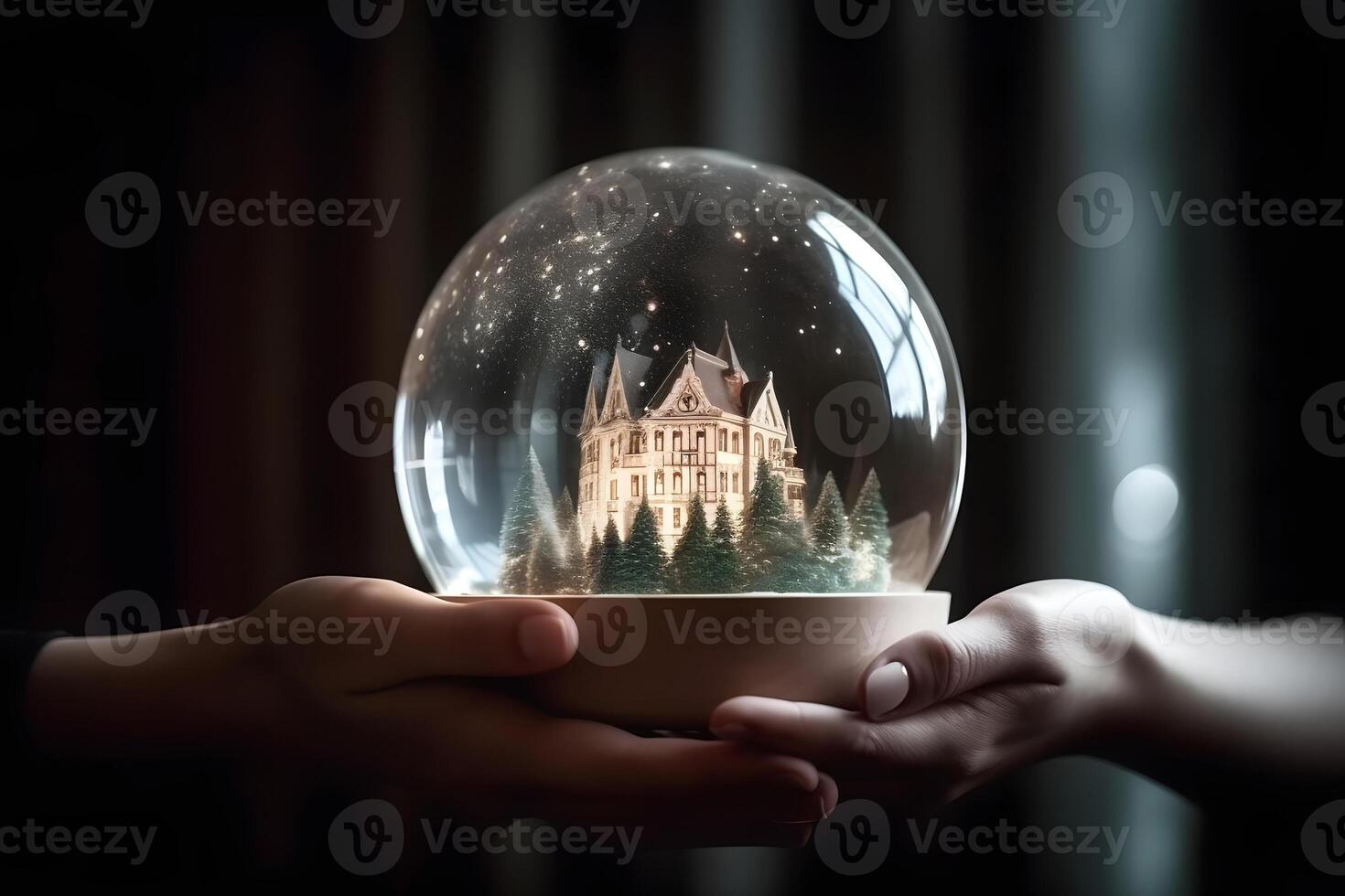AI generated House inside crystal ball miniature on hands insurance concept, neural network generated image photo