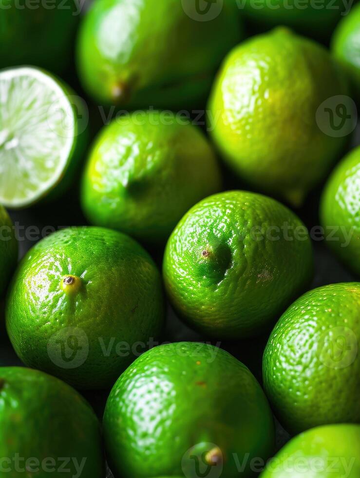 AI generated Fresh ripe green limes as background. photo