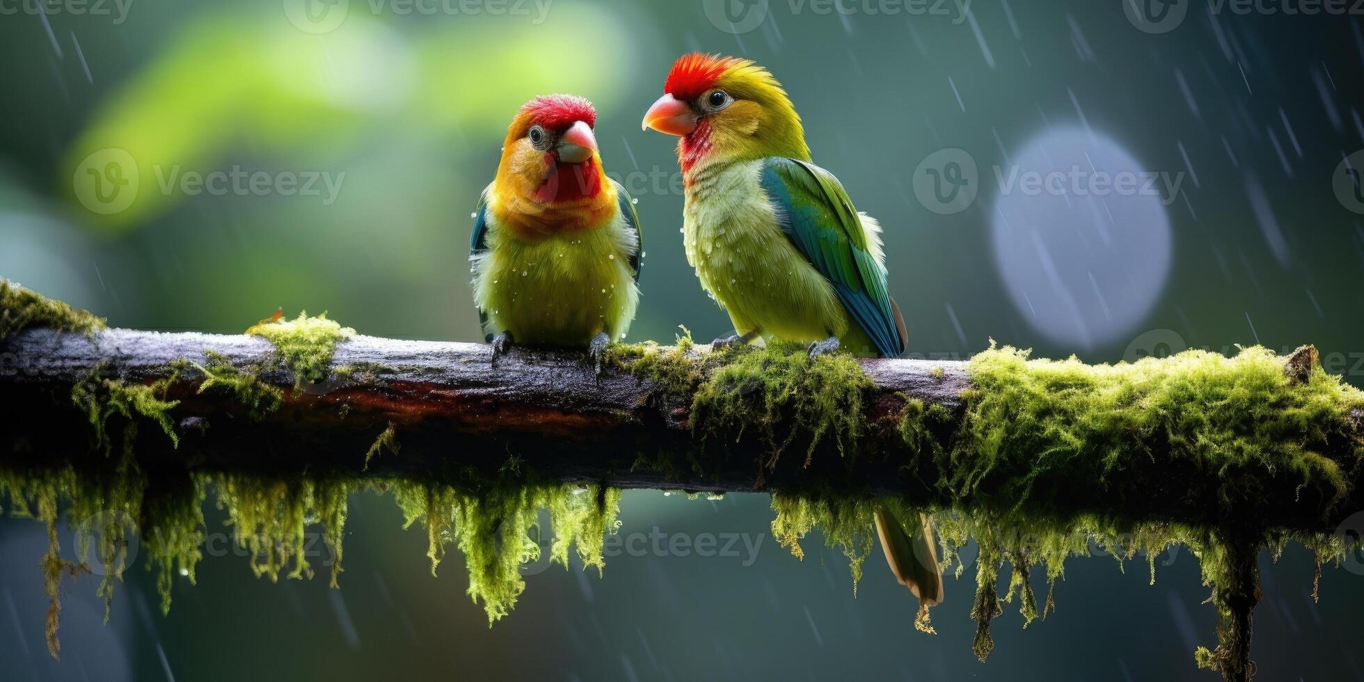 AI generated Tropical birds sitting on a tree branch in the rainforest photo