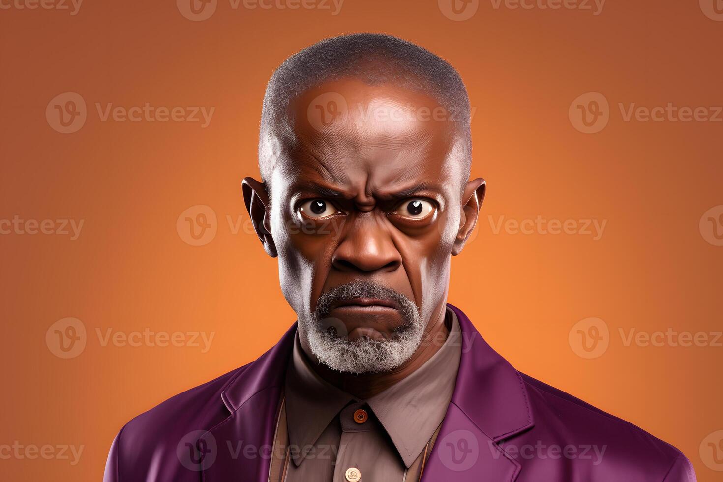 AI generated angry African American man in purple formal suit, head and shoulders portrait on orange background. Neural network generated image photo