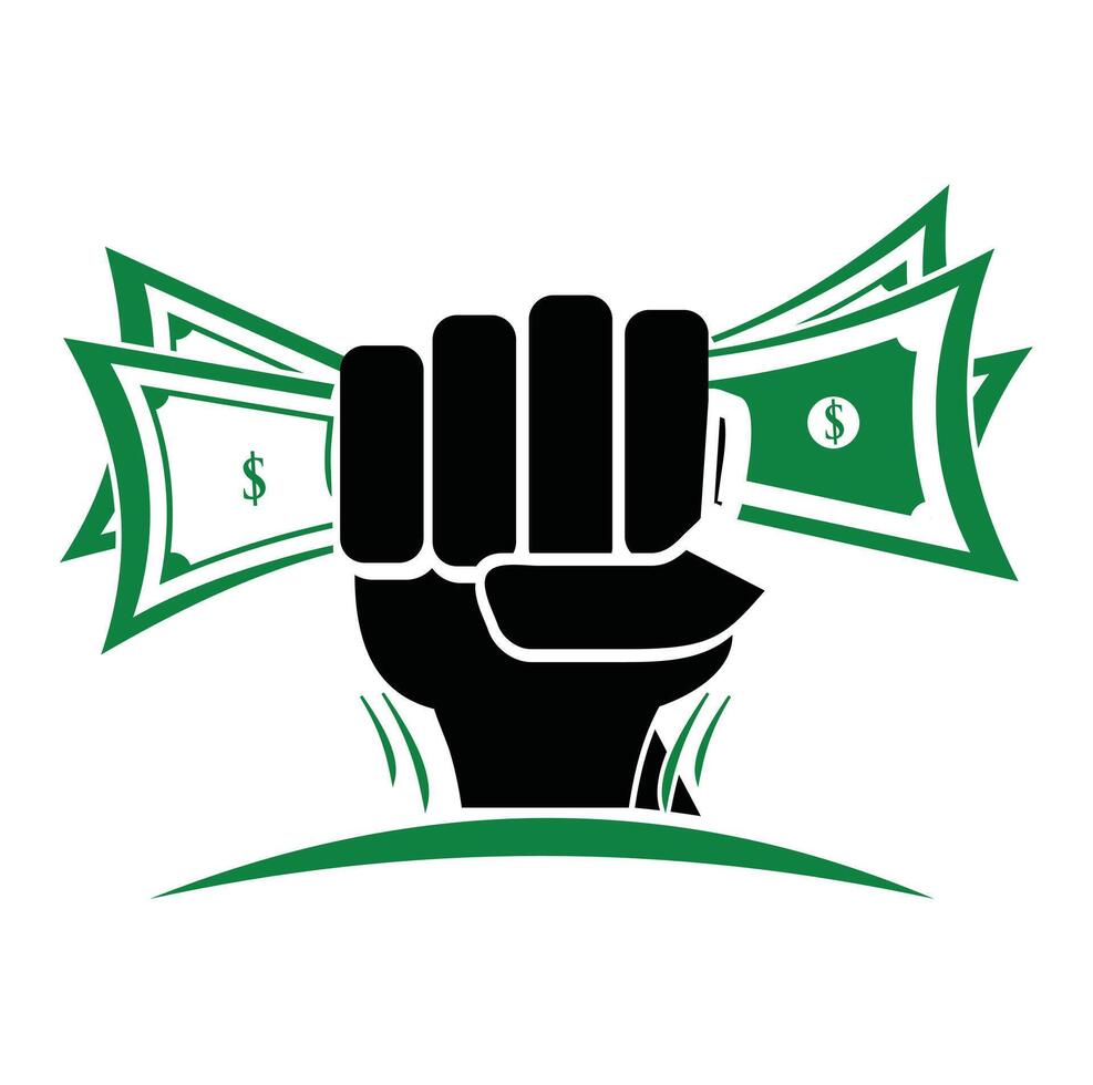 Hand money logo design icon. A hand in a fist squeezing cash money dollar bills. vector