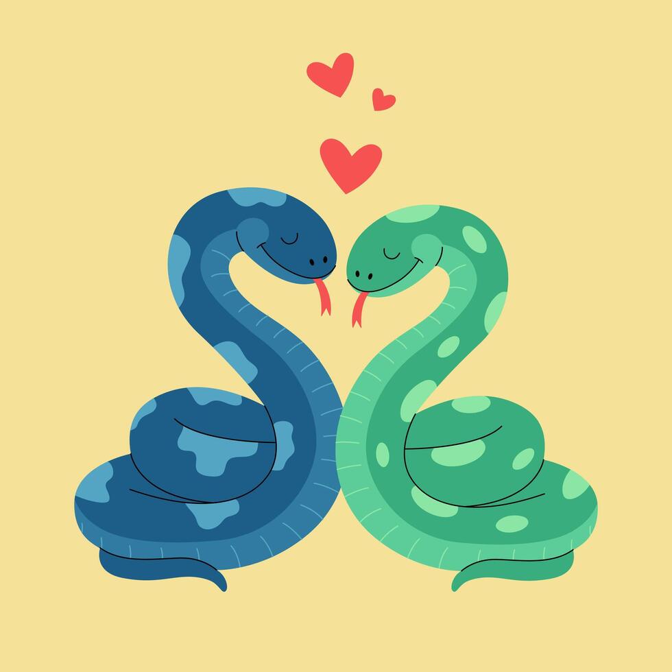 Two snakes in love sitting together. Romantic reptiles couple with hearts. Vector flat illustration for valentines day poster, banner, greeting card