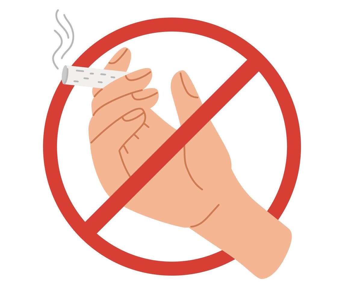 Crossed out within red circle human hand hold cigarette. No smoking, prohibition sign. Smoking addiction. Vector illustration in hand drawn style