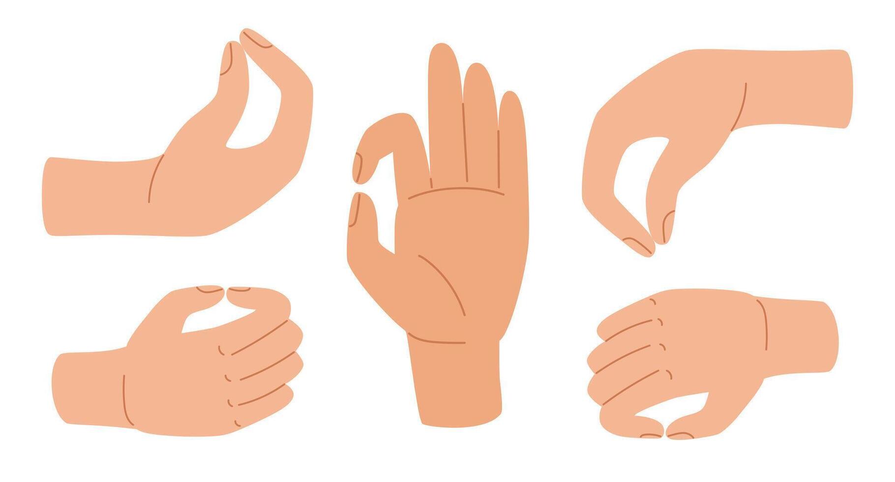 Pinch human hand. Pinched Fingers hand gesture. Palm and fingers laid in gestures of holding or giving something. Vector illustration in hand drawn style