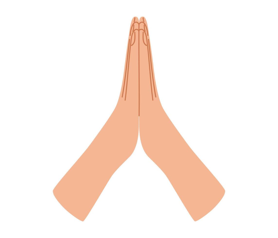 Folded human hands. Praying, namaste, thank you, helping arm gesture. Vector illustration in hand drawn style