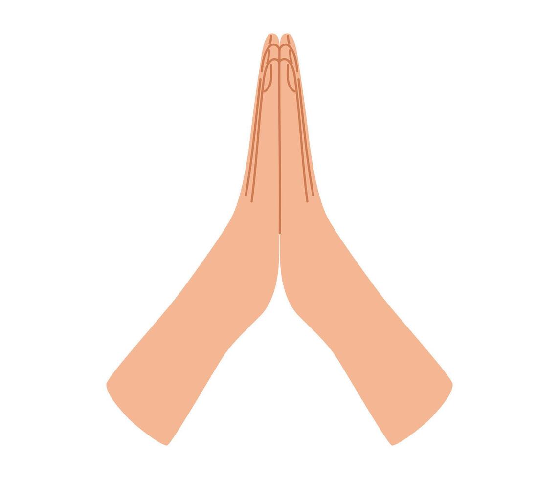 Folded human hands. Praying, namaste, thank you, helping arm gesture. Vector illustration in hand drawn style