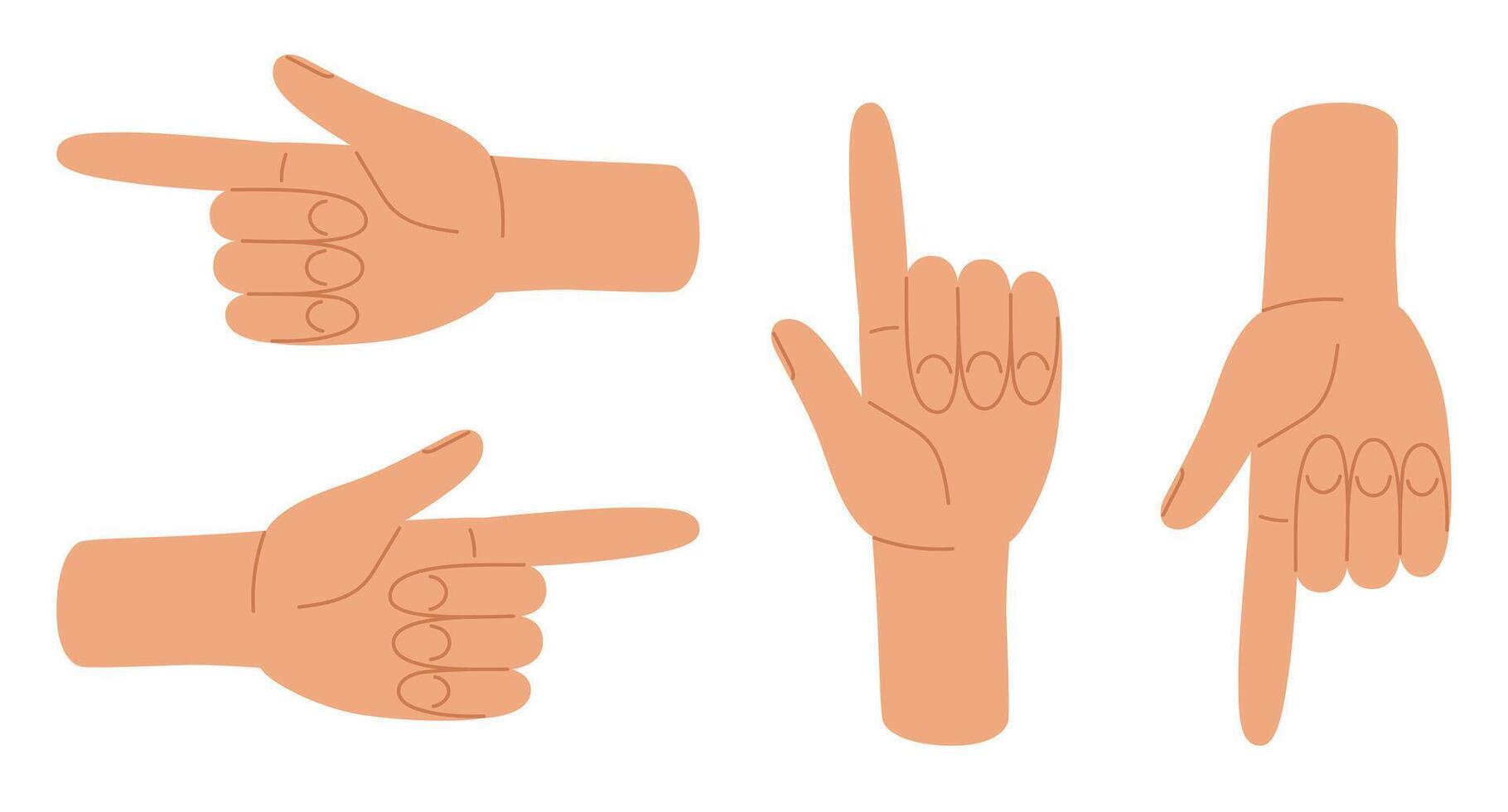 Pointing human hands. Right, left. down, up point fingers gesture. Vector illustration in hand drawn style