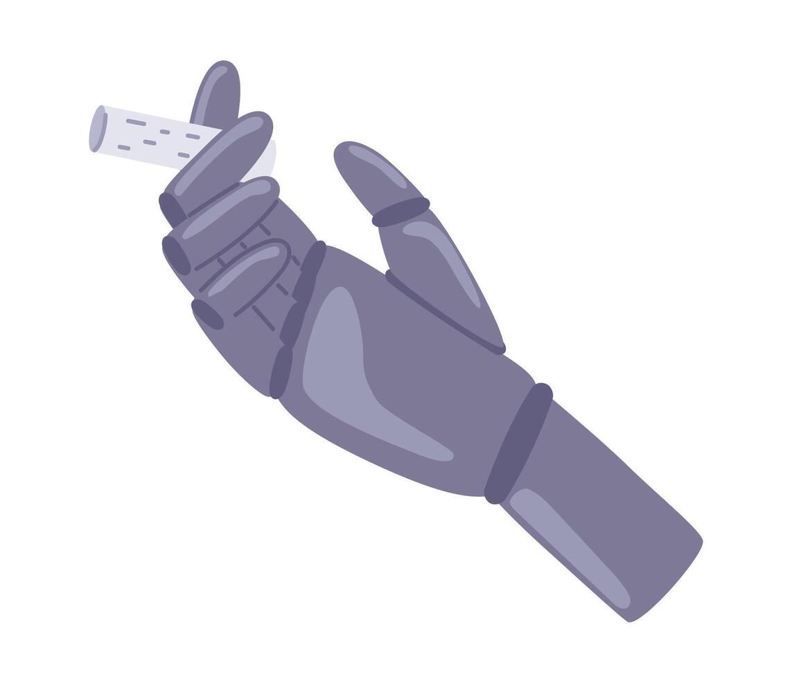 Human hand robotic prosthesis hold cigarette. Smoking cigarette. Smoking addiction. Cyborg palm, robotized limb concept. Vector illustration in hand drawn style