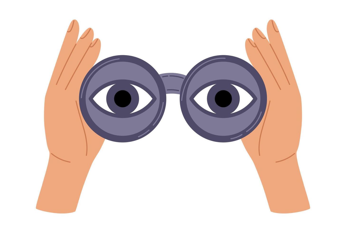 Human hand holding binoculars, eyes looking forward through lenses. Concept of search, research, strategy for business, web surfing, vision, view, spying. Vector illustration in hand drawn style
