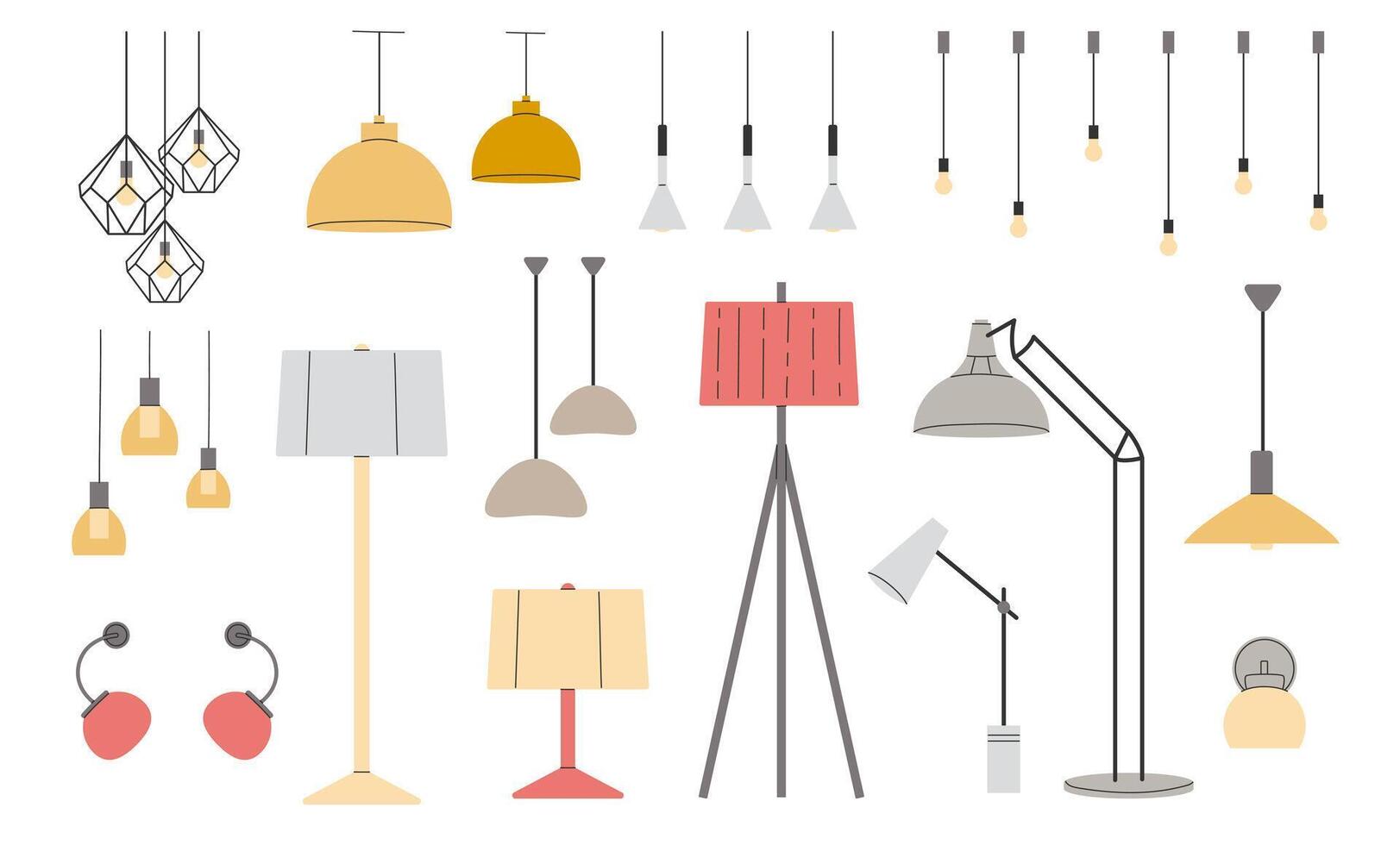 Set of lamps. Collection trendy furniture chandelier, floor and table lamp in flat style. Vector illustration on white background