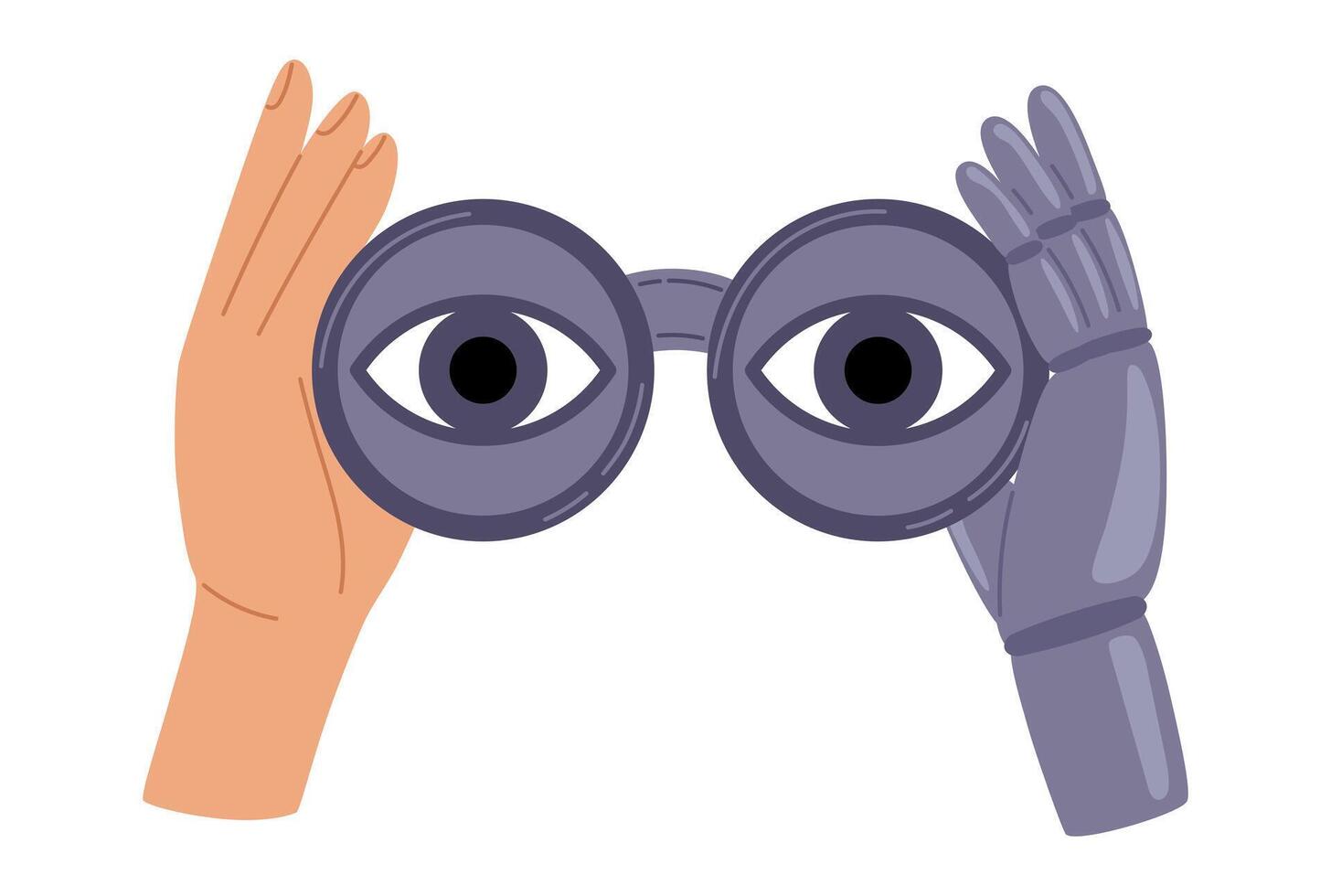 Human and robot hands holding binoculars, eyes looking forward through lenses. Collaboration between humans and robots. Artificial intelligence help search. Vector illustration in hand drawn style