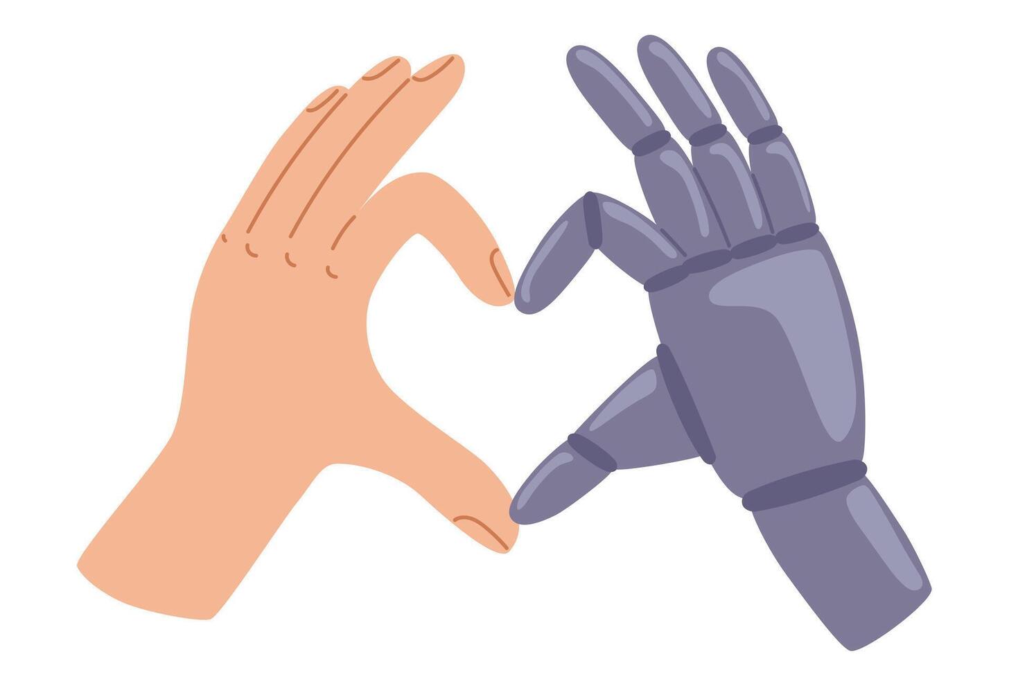 Heart human and robot hands gesture. Collaboration between humans and robots. Artificial intelligence evolution and interaction with human processes. Vector illustration in hand drawn style