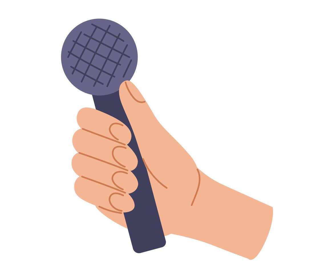 Human hand hold microphone. Mic in arm. Vector illustration in hand drawn style