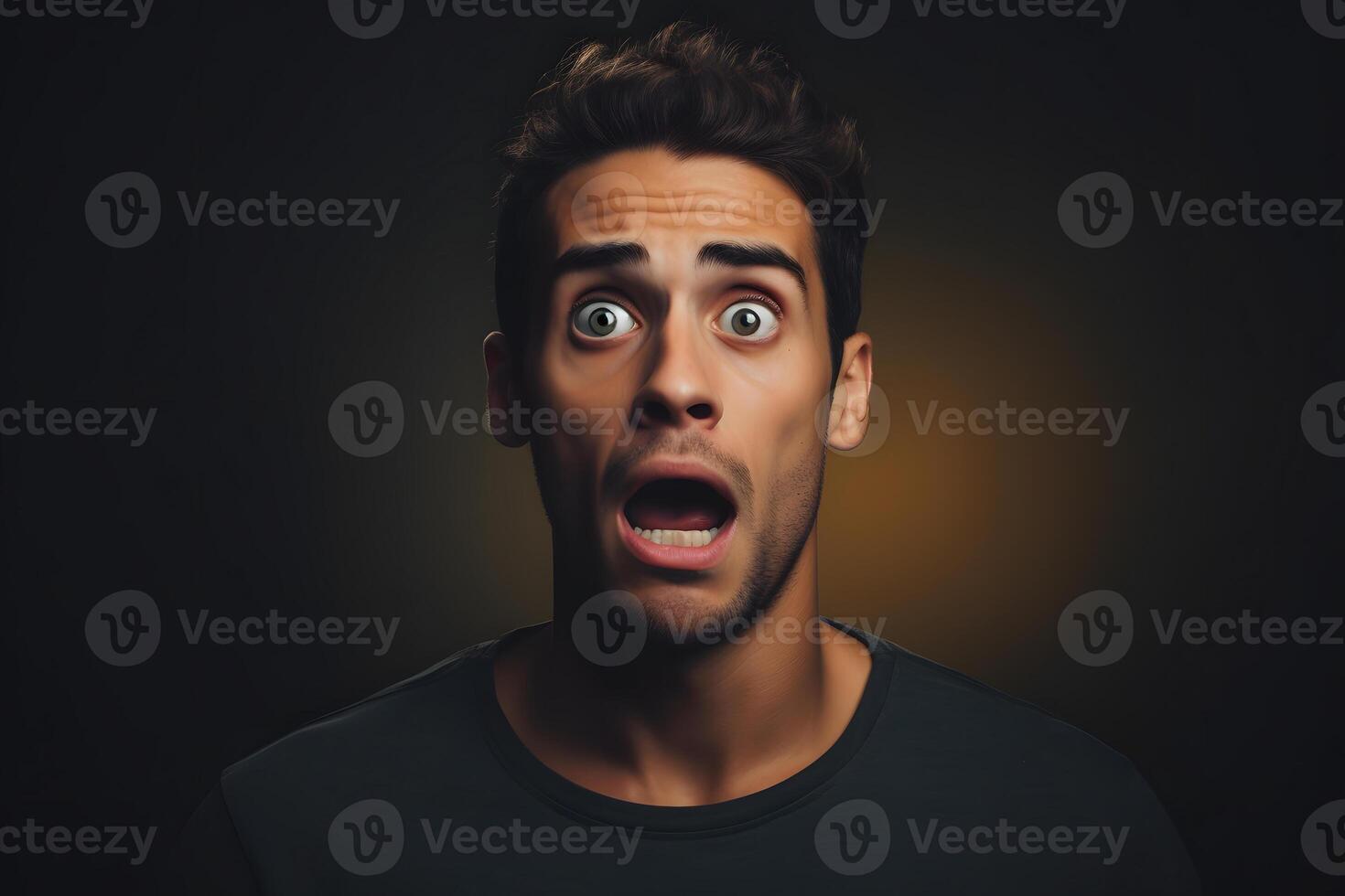 AI generated Surprised young adult Caucasian man on black background. Neural network generated photorealistic image. photo