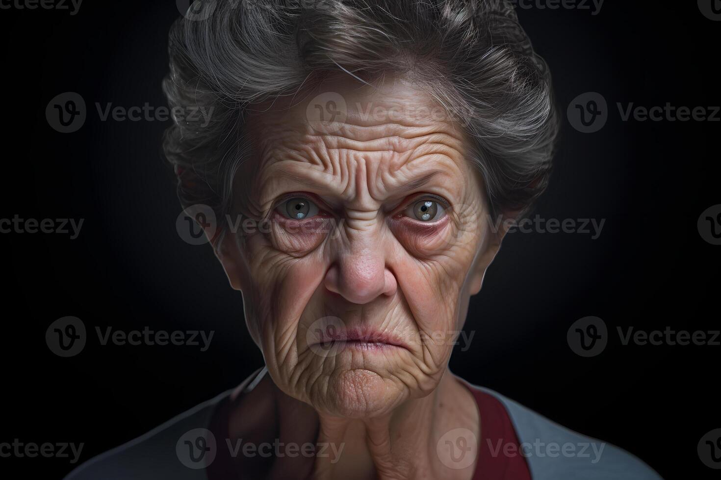 AI generated scowl senior Caucasian woman, head and shoulders portrait on black background. Neural network generated photorealistic image photo