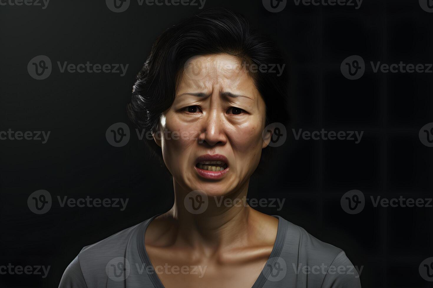 AI generated Disgusted mature Asian woman portrait on black background. Neural network generated photorealistic image photo