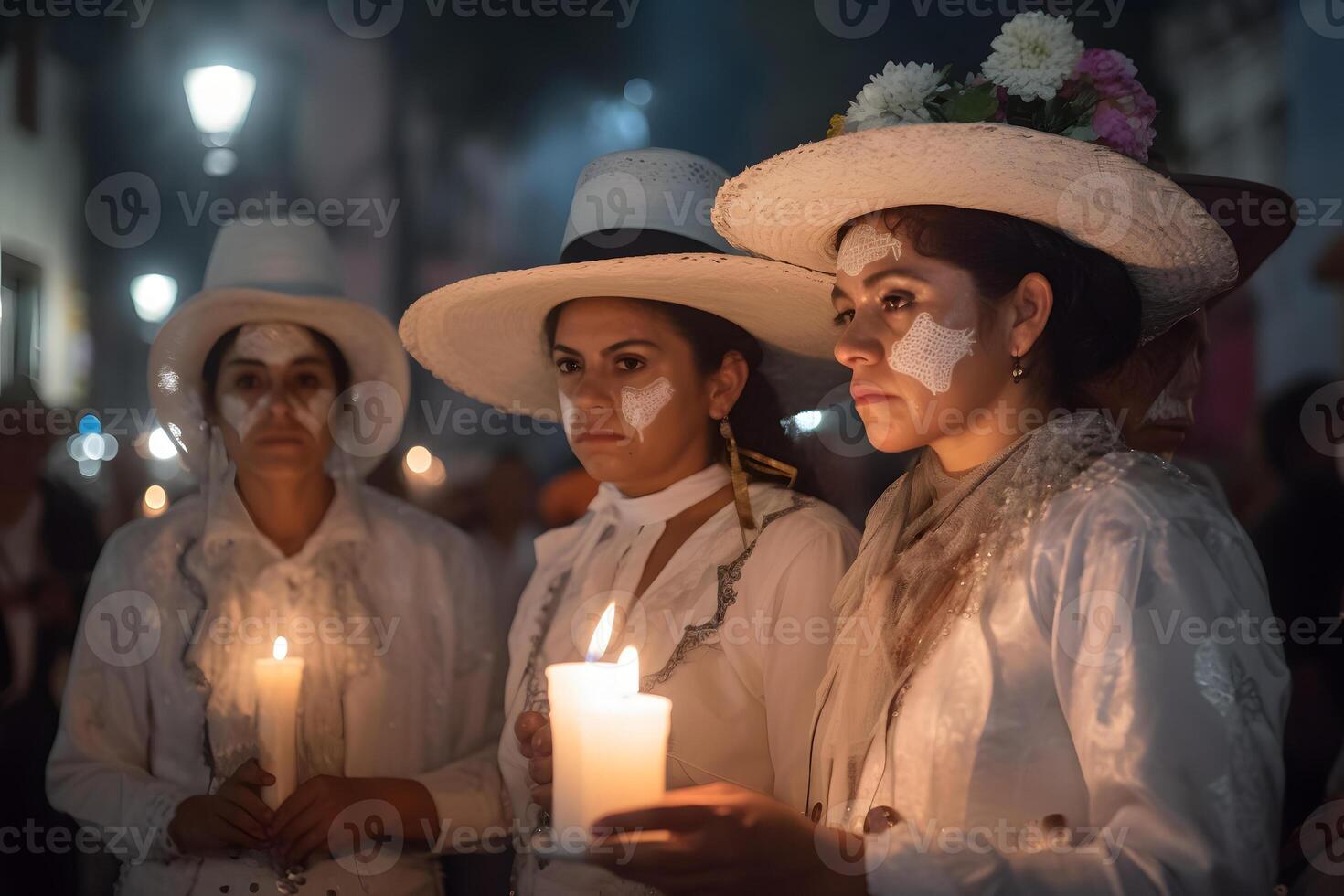 AI generated Three women with Catrina costumes and with skull make-up holding candles at the parade for dia de los muertos, neural network generated image photo