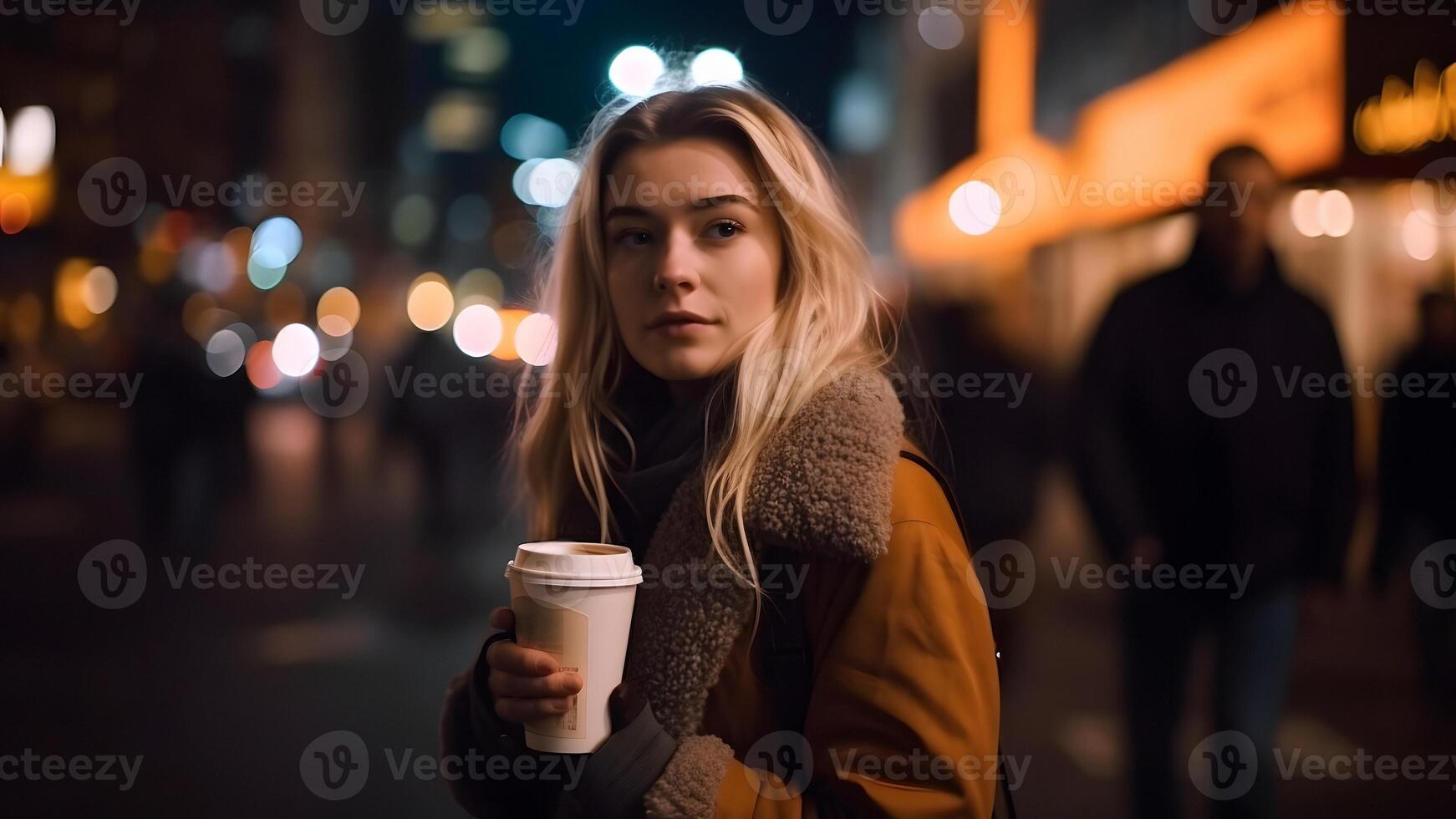 AI generated young beautiful blonde femine woman at night city street holding cardboard cup of coffee, neural network generated picture photo