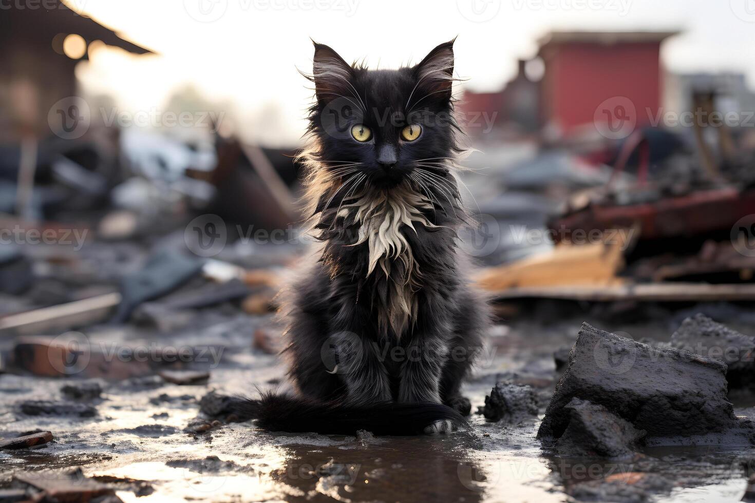 AI generated alone, soaking wet, dirty and hungry domestic kitten after disaster on the background of ruined house, neural network generated photorealistic image photo