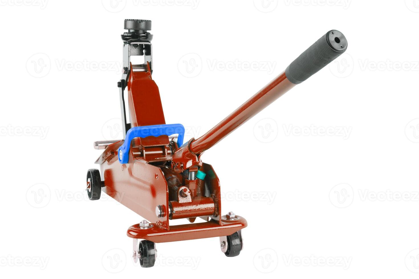red hydraulic car jack isolated on white background, rised up photo
