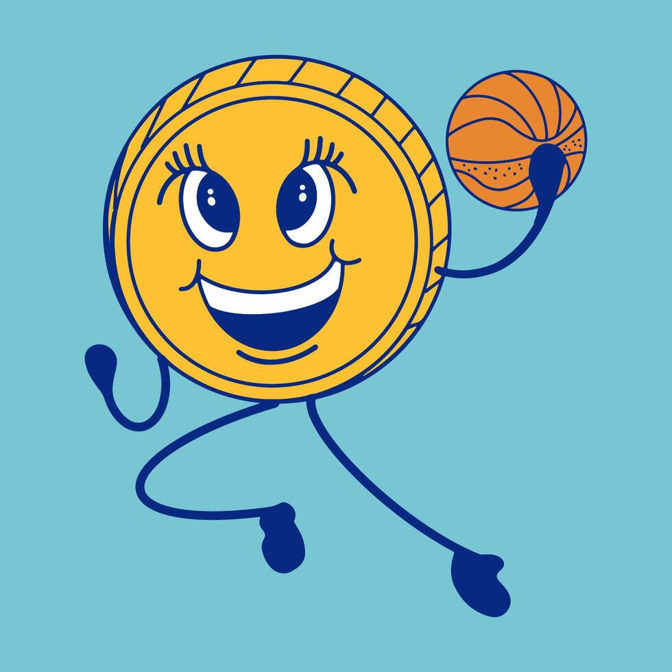 dibujos animados personaje de un contento oro moneda jugando baloncesto vector