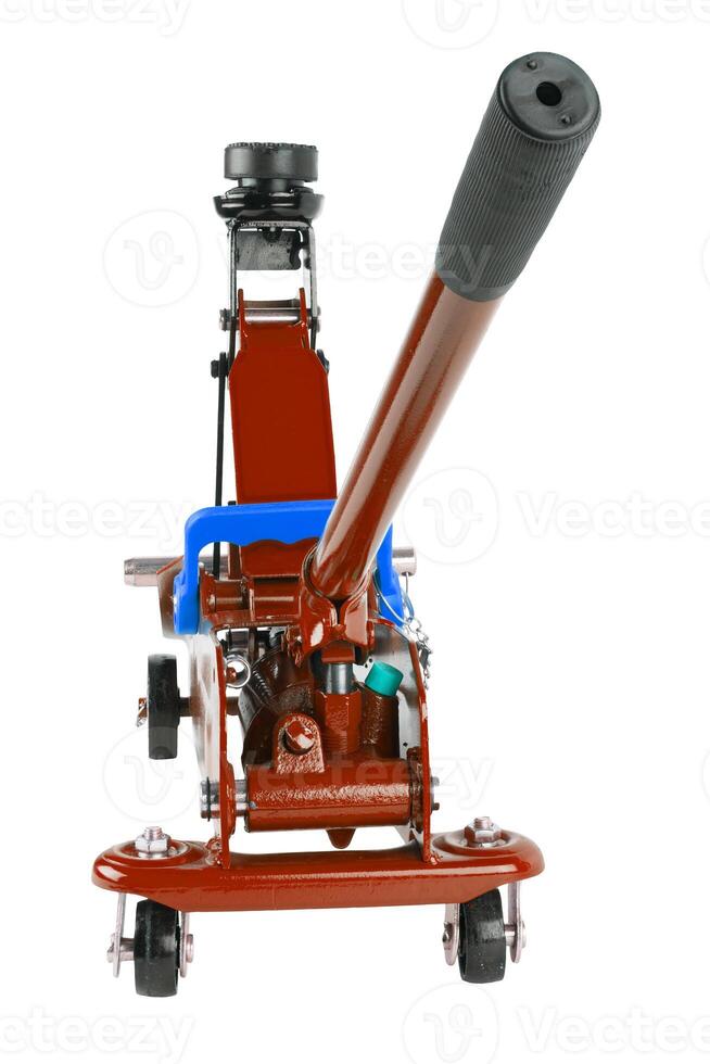 red hydraulic car jack isolated on white background, rised up photo