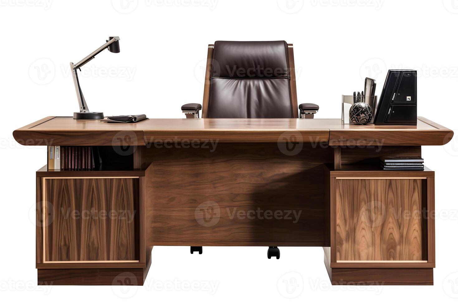 AI generated Heavy wooden executive desk with armchair isolated on white background, neural network generated image photo