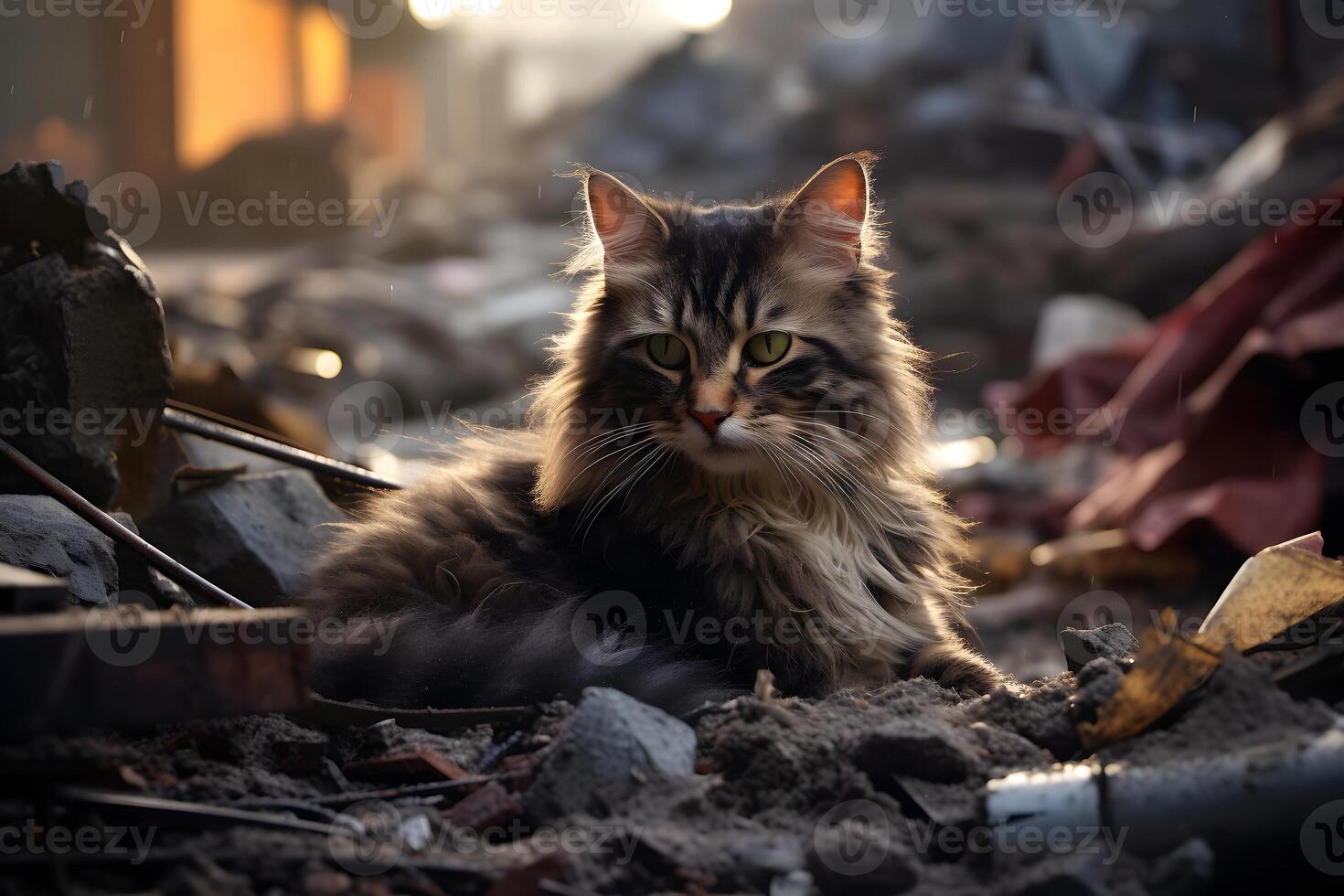 AI generated alone and hungry domestic cat after disaster on the background of house rubble, neural network generated image photo