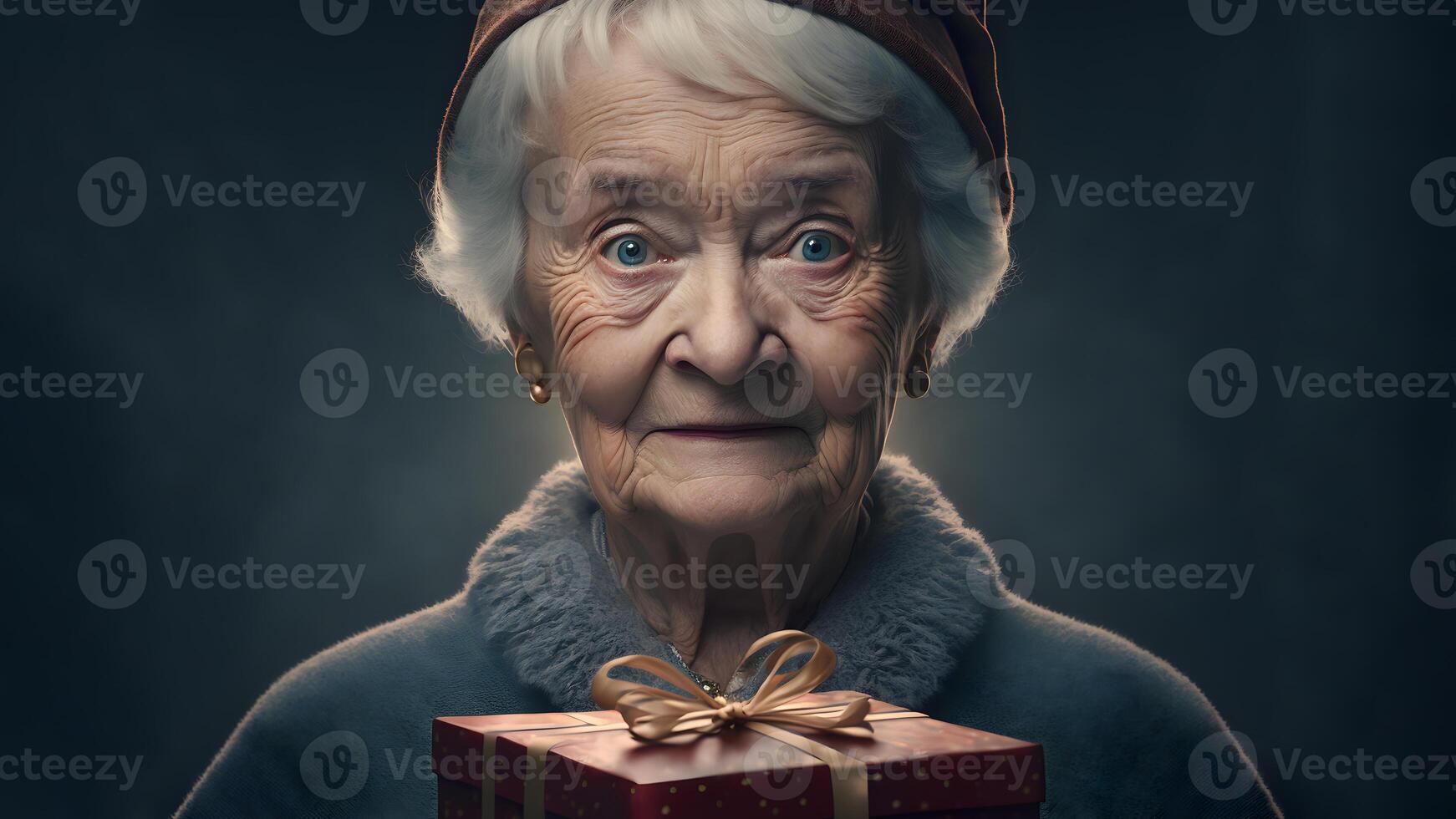 AI generated smiling old lady with christmas gift portrtait, neural network generated art photo