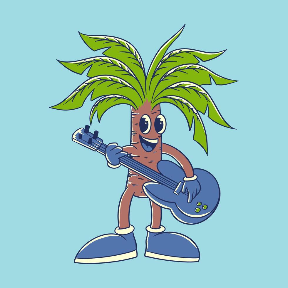 palma árbol dibujos animados jugando guitarra mano dibujado personaje vector