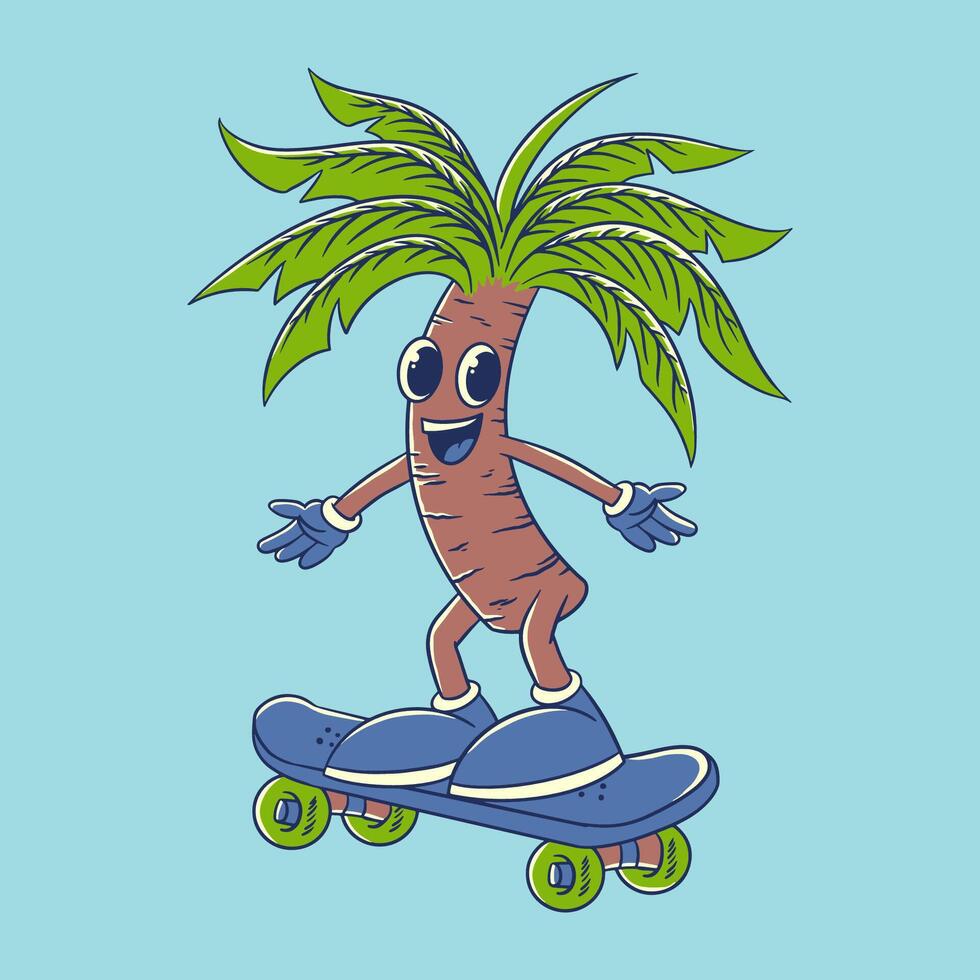 palma árbol dibujos animados jugando patineta mano dibujado personaje vector