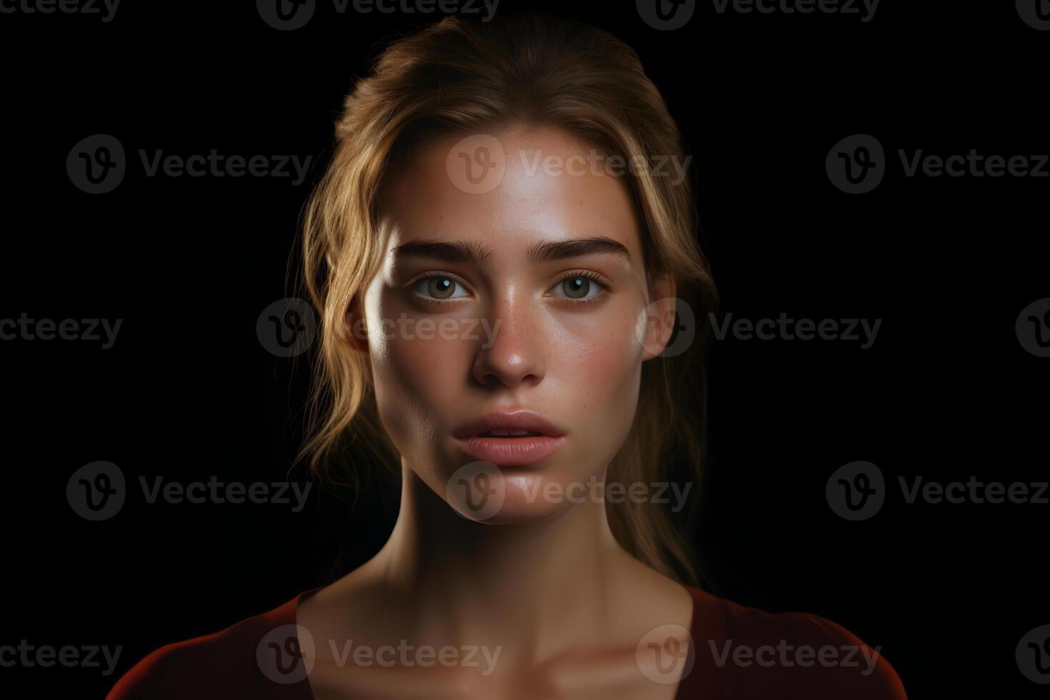 Attractive young adult Caucasian woman on black background. Neural network generated photorealistic image. photo