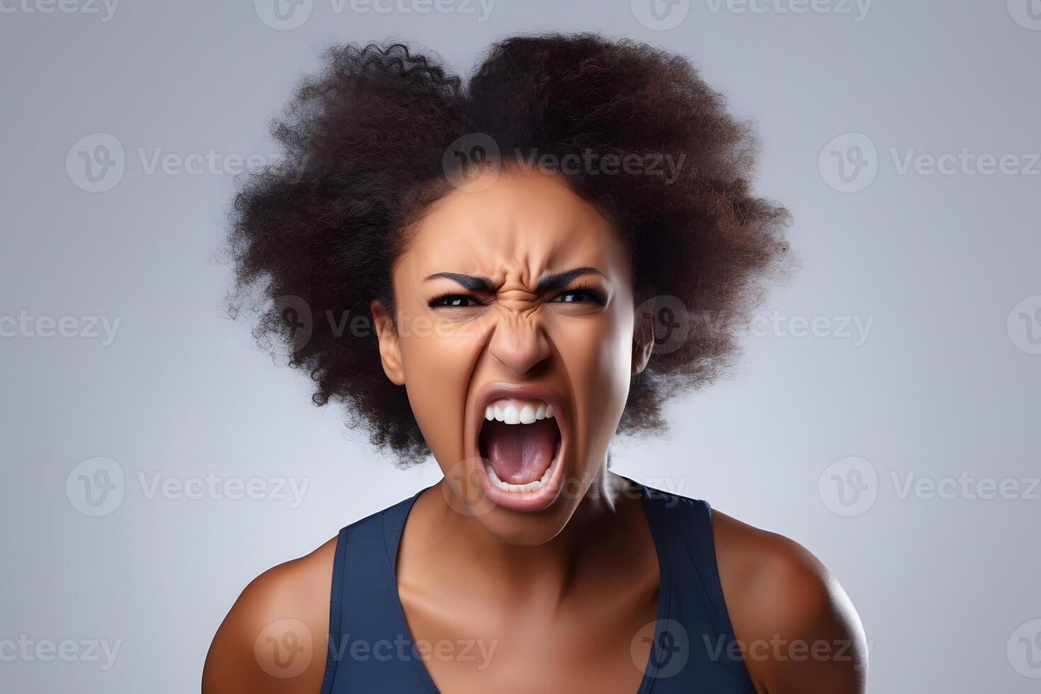 AI generated Angry young adult African American woman yelling, head and shoulders portrait on grey background. Neural network generated photorealistic image. photo