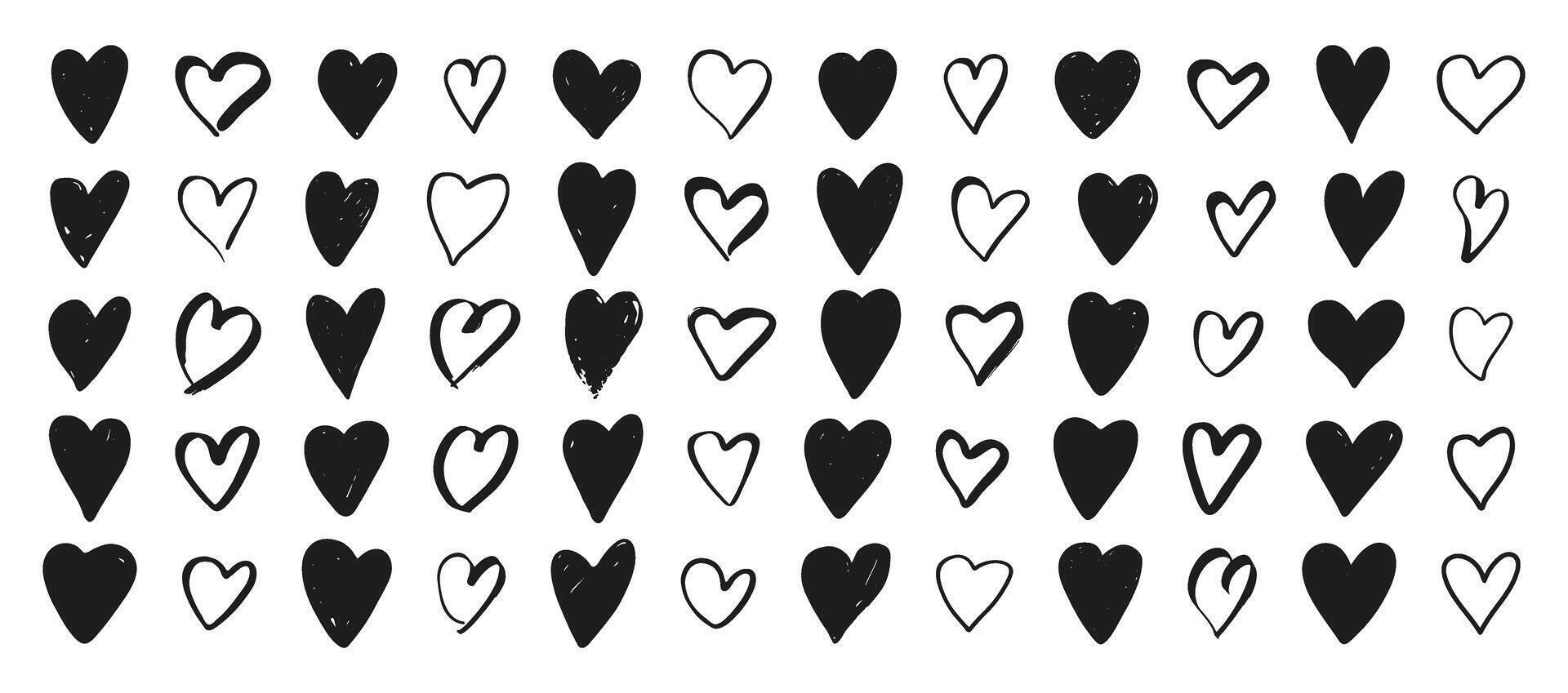 corazones grande colocar. símbolos de San Valentín día, amar, romántico. mano dibujado negro corazones, tinta grunge arte, vector ilustración