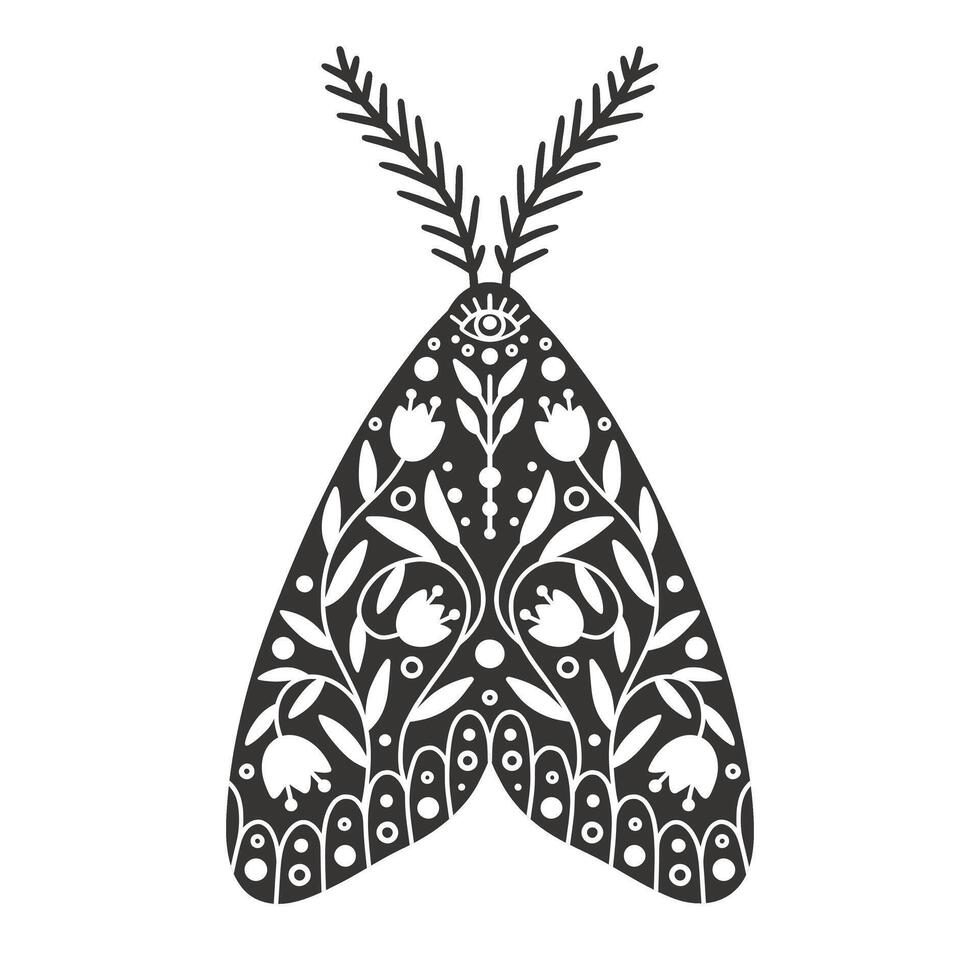 Moth icon with ornament of flowers and leaves. Vintage silhouette of black and white mystical moth or butterfly. Flying celestial insect, vector illustration