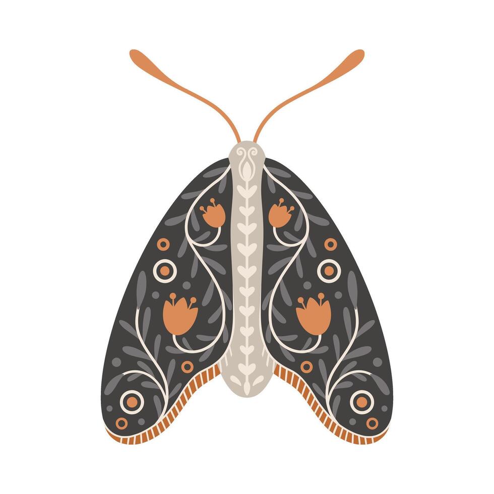 Moth icon with ornament of flowers and leaves. Vintage mystical moth or butterfly. Flying celestial insect, vector illustration
