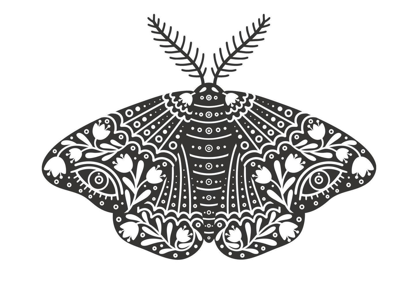 mariposa icono con floral ornamento. Clásico silueta de negro y blanco místico mariposa o polilla. volador celestial insecto, vector ilustración