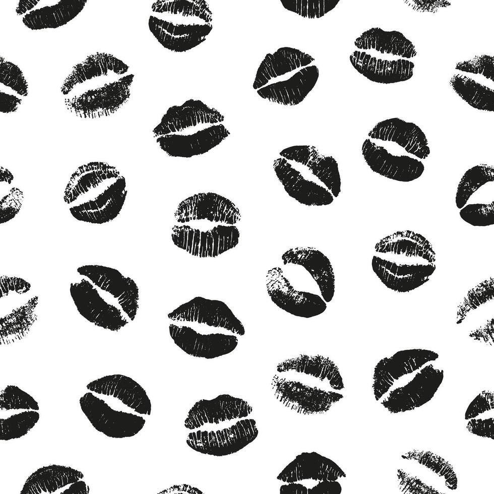 Seamless pattern of black kiss marks. Lip prints for Valentine's Day, romantic and love backgrounds. Lipstick imprints, vector illustration