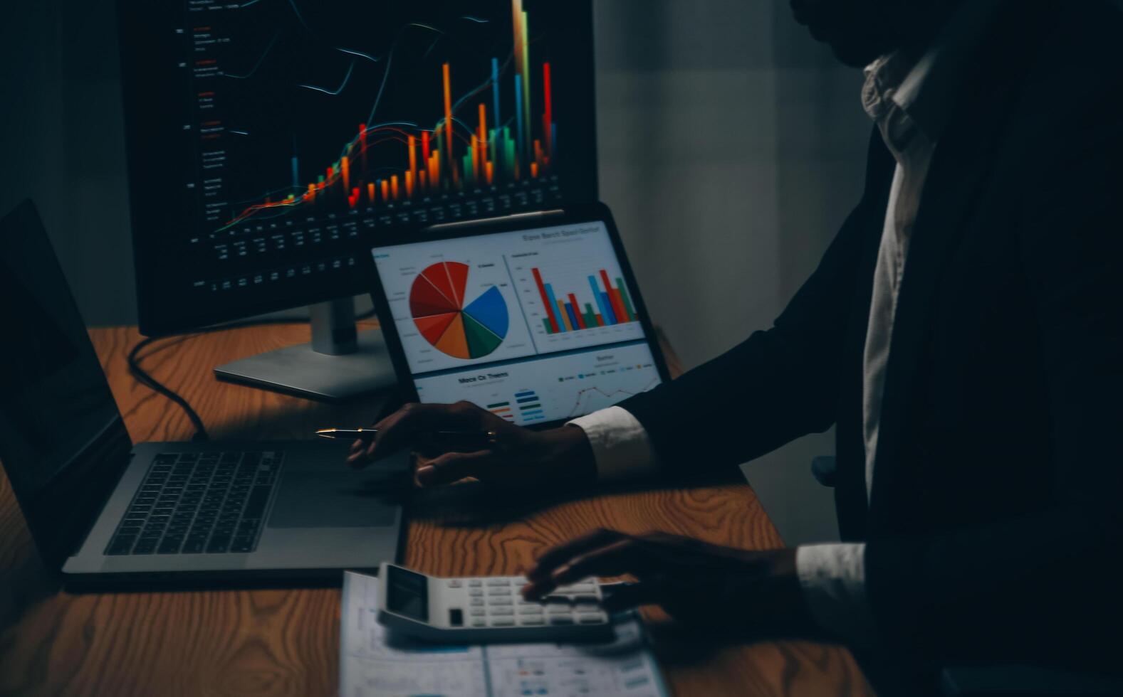 Thoughtful focused successful caucasian male stock investor, broker, financial adviser, sits at work desk, looks at computer, pensively analyze risks and prospects, rise or fall of cryptocurrency coin photo