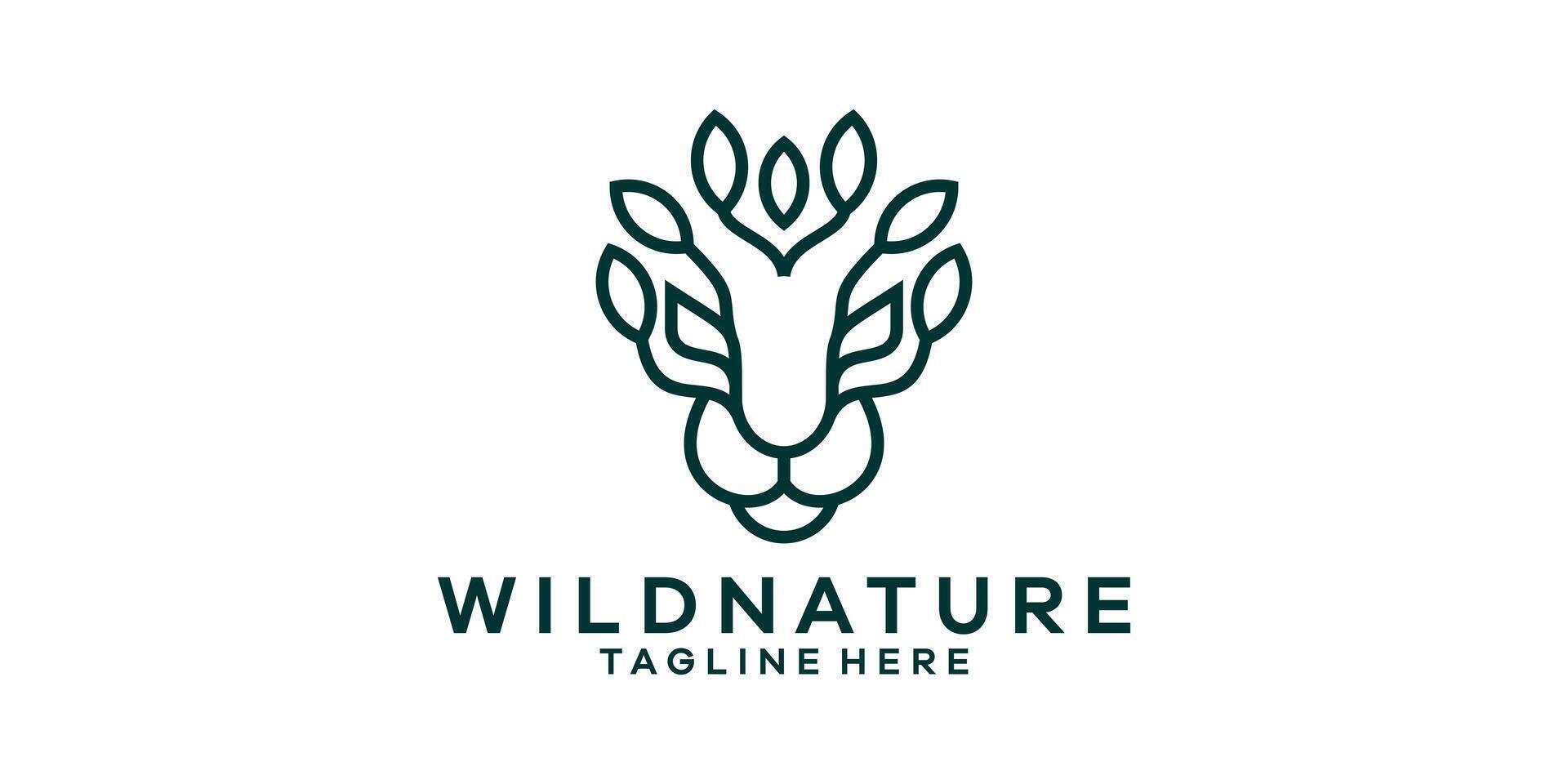 logo design combining the shape of a lion's head with plants, minimalist line logo design. vector